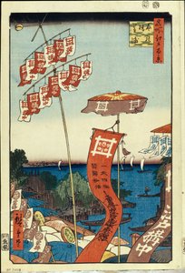 Le pont Kanasugi et Shibaura (cent vues celebres de Edo) - Oeuvre de Utagawa Hiroshige (1797-1858) ، estampe japonaise ، الإصدار 1858 - (Kanasugi Bridge and Shibaura - (مائة منظر مشهور لإيدو) ، نقش خشبي ملون بواسطة أوتاغاوا هيروشيغي ، 1858) الناسك الدولة بواسطة أندو أو أوتاغاوا هيروشيغي