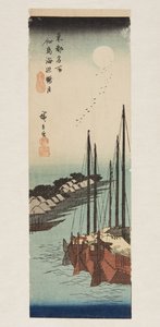 ضوء القمر الضبابي على البحر في جزيرة تسوكودا (Tsukudajima kaihen oborozuki) (طباعة خشبية ملونة) بواسطة أندو أو أوتاغاوا هيروشيغي