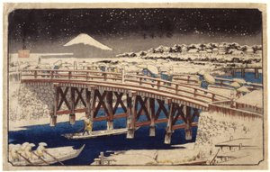Nihonbashi In The Snow (طباعة خشبية ملونة) بواسطة أندو أو أوتاغاوا هيروشيغي