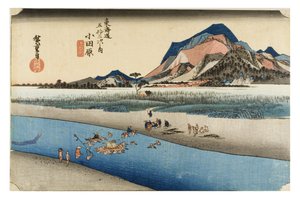 أوداوارا: نهر ساكاوا من سلسلة محطات توكايدو الثلاث والخمسين في نهر توكايدو، حوالي 1831-1834 (طباعة على ورق خشب مطبوع على الخشب) بواسطة أندو أو أوتاغاوا هيروشيغي
