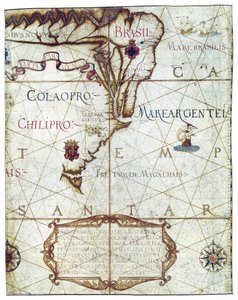 خريطة لأمريكا الجنوبية ، في Universa و Navigabilis Totius Terrarum Orbis Descriptio 1559 (مخطوطة ملونة) بواسطة أندريه هوميم