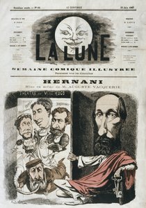كاريكاتير لـ "Hernani" من تأليف Victor Hugo وإخراج Auguste Vacquerie ، رسم توضيحي من الغلاف الأمامي لـ "La Lune" ، 30 يونيو 1867 بواسطة أندرو جيل