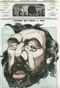 رسم كاريكاتوري لـ "الرجل الذي يتحدث" ، ليون غامبيتا (1838-1882) ، سياسي فرنسي. غلاف في “L'Eclipse” بقلم جيل ، 20 سبتمبر بواسطة أندرو جيل