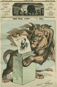 روجي جيد ، ليون! ، رسم كاريكاتوري لانتخاب آرثر رانك (1831-1908) ، نائبًا عن الرون. الغلاف في "L'Eclipse" بقلم جيل ، 18 مايو بواسطة أندرو جيل