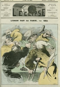 Lunion يصنع المهزلة "" ، صورة كاريكاتورية للصحف السياسية "L'ordre" و "" Constitutional "و" Le Francais "و" L'Univers "، مجادلة. غلاف في "L'Eclipse" بقلم جيل ، 21 سبتمبر