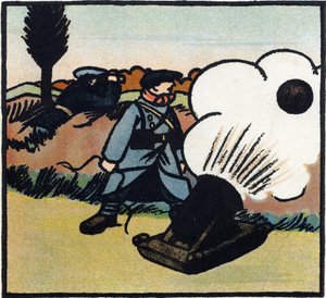 الحرب العالمية الأولى 1914-1918 (14-18): قاذفة قنابل. جندي فرنسي يرسل القنابل على العدو بواسطة مدفع. نقش في "أبجدية الحرب العظمى 1914-1916 (لأبناء جنودنا)". إصدارات بيرجر-ليفراو