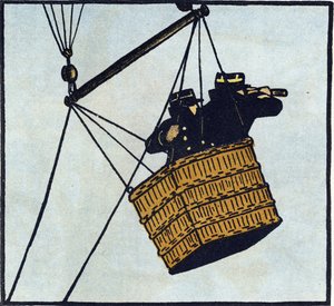الحرب العالمية الأولى 1914-1918 (14-18): مراقبون (نقطة مراقبة) من الجيش الفرنسي في منطاد أسير يحاولون رصد العدو. نقش في "أبجدية الحرب العظمى 1914-1916 (لأبناء جنودنا)". إصدارات بيرغر-ليفراو