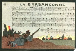بطاقة بريدية، ساخرة بالألوان، حوالي عام 1915: لا برابانكون - حرب 14 -18، بلجيكا، أنشودة - رسم توضيحي للجنود بقلم أندريه هيلي (1875-1945)