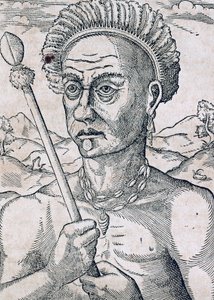 الملك Quoniambec ، البرازيل ، نقش من Universal Cosmology ، بواسطة Andre Thevet (1504-1592) ، باريس بواسطة أندريه ثيفت