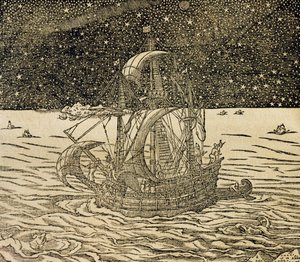 البحارة يتبعون الطريق الشمالي ، نقش من Universal Cosmology ، بواسطة Andre Thevet (1504-1592) ، باريس بواسطة أندريه ثيفت