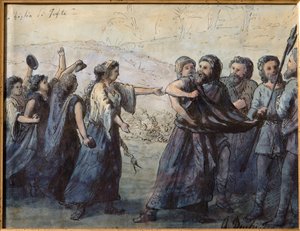ابنة يفتاح (ألوان مائية) رسم بالحبر الهندي ، سم. 31 × 23.5. بواسطة أندريا بيكي