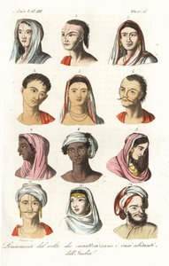 صور من مختلف الطوائف الهندية: Brahmins 1.2 ، Kshatriyas أو Khatri ، Punjabi mercantile caste 3.4 ، Vaisyas 5.6 ، Sudras 7.8 ، Hindus of Upper India 9،10 ، and Mughals 11،12. نقش على صفيحة نحاسية ملونة يدوياً بواسطة أندريا بيرنييري على اسم فرانسوا سولفينس ج بواسطة أندريا بيرنييري
