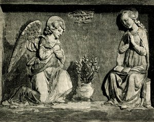 البشارة ، بواسطة أندريا ديلا روبيا (1435-1525 أو 1528) ، خطابة مادونا ديل بون كونسيجليو ، براتو ، توسكانا ، إيطاليا ، نقش خشبي من Le cento citta d'Italia (مائة مدينة إيطالية) بواسطة أندريا ديلا روبيا