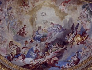 تتويج العذراء ، لوحة جدارية رسمها أندريا لانزاني (1641-1712) عام 1699 من جوقة ملاذ إنكوروناتا ، لودي. إيطاليا بواسطة أندريا لانزاني