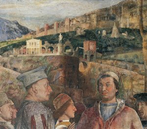 تفاصيل لوحة جدارية في غرفة الزفاف من تصميم أندريا مانتيجنا (1431-1506) قلعة سانت جورج ، مانتوا (قائمة اليونسكو للتراث العالمي ، 2008). إيطاليا بواسطة أندريا مانتيجنا