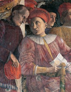 Ludovico Gonzaga والمستشار Marsilio Andreasi ، تفاصيل من جدار المحكمة بواسطة Andrea Mantegna (1431-1606) ، لوحة جدارية ، قلعة سان جورجيو ، غرفة الزفاف أو كاميرا Picta ، مانتوا بواسطة أندريا مانتيجنا