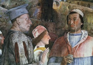 حكم ماركيز لودوفيكو غونزاغا الثالث من مانتوا 1444-78 بتحية ابنه الكاردينال فرانشيسكو غونزاغا ، من الكاميرا ديجلي سبوسي أو الكاميرا بيكتا ، 1465-1474 تفاصيل جدارية من 78449 بواسطة أندريا مانتيجنا