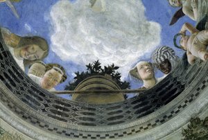 محيط سقف بيت الزوجين ، قصر دوقي في مانتوفا ، إيطاليا (Camera degli Sposi ، Palazzo Ducale ، Mantova): تفاصيل الأشكال المجازية و putti. فريسكو لأندريا مانتيجنا (1431-1506) بواسطة أندريا مانتيجنا