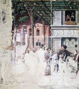 The condemnation of Saint Christopher, detail from Martyrdom of Saint Christopher بواسطة أندريا مانتيجنا