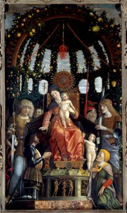 عذراء النصر (النصر Altarpiece) (مادونا ديلا فيتوريا). ممثلة مريم العذراء: القديس ميخائيل ، القديس جورج ، القديس لونجين والقديس أندريه. راعي اللوحة ، ماركيز مانتوفا ، فرانسوا الثاني دي غونزاغ (فرانشيسكو الثاني غونزاغا) ( بواسطة أندريا مانتيجنا