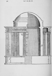 مقطع عرضي لمعبد فستا في تيفولي ، رسم توضيحي لنسخة طبق الأصل من "I Quattro Libri dell&39;Architettura" كتبه بالاديو ، نُشر في الأصل عام 1570 بواسطة أندريا بالاديو