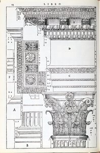 تفاصيل زخرفية من Tempio of Trajan ، توضيح من نسخة فاكس من "I Quattro Libri dell&39;Architettura" كتبها بالاديو ، نُشِر في الأصل عام 1570 بواسطة أندريا بالاديو