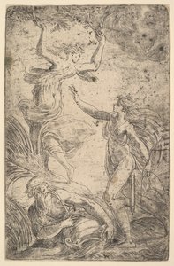 أبولو على اليمين يمسك القوس مطاردة دافني على اليسار ، كاليفورنيا. 1538-40. بواسطة أندريا شيافوني