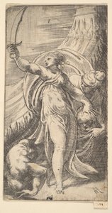 جوديث رفع سيفها في يدها اليمنى ، ووضع رأس Holofernes في sa ... ، كاليفورنيا. 1542-45. بواسطة أندريا شيافوني