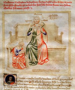 رموز الديالكتيك في "" Chansonne des sept Vertus et des sept Arts Liberales الموجهة إلى Bruzio Visconti "(أغنية الفضائل والعلوم) بقلم بارتولوميو دي بارتولي. Watercolor بواسطة Andrea di Bartoli (نشط بين 1358 و 1368) (مللي ثانية. 599 ، من