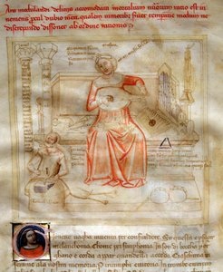رموز الموسيقى في "" Chansonne des sept Vertus et des sept Arts Liberales destinee à Bruzio Visconti "(أغنية الفضائل والعلوم) من تأليف بارتولوميو دي بارتولي. لوحة مائية لأندريا دي بارتولي (نشطة بين 1358 و 1368) (مللي ثانية 599 ، ورقة.