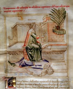 روايات عن الاعتدال في "" Chansonne des sept Virtues et des sept Arts Liberoux destinee a Bruzio Visconti "(أغنية الفضائل والعلوم) بقلم بارتولوميو دي بارتولي. Watercolor بواسطة Andrea di Bartoli (نشط بين 1358 و 1368) (مللي ثانية. 599 ، ص