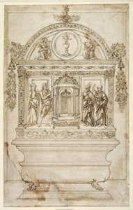 Design for the altar of a chapel, with a tabernacle for the Eucharist (pen & brown ink with brown wash on white paper) بواسطة أندريا ديل (من أتباع) فيروكيو