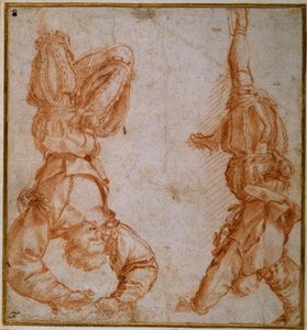 Two studies of a man suspended by his left leg (red chalk on cream paper) بواسطة أندريا ديل سارتو