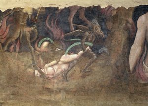 انتصار الموت ، تفاصيل شيطان يحمل خاطئا إلى الجحيم ، 1348 فريسكو بواسطة Andrea di Cione Orcagna