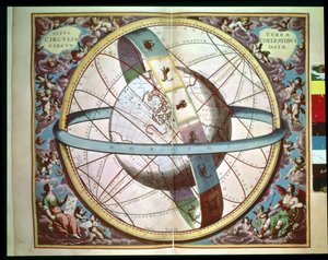 خريطة العالم مع دائرة الأبراج المطوقة ، "Situs Terrae Circulis Coelestibus Circumnate" ، من "الأطلس السماوي ، أو تناغم الكون" (Atlas coelestis seuharmonia macrocosmica) أمستردام ، حوالي 1660 بواسطة أندرو سيلاريوس