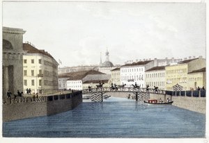 Le pont Bolshoi Koniushennyi في سانت بطرسبرغ. (جسر Bolshoi Koniushennyi في سانت بطرسبرغ). الطباعة الحجرية et aquarelle de Andrei Yefimovich Martynov (1768-1826)