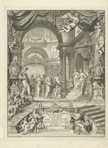 صفحة العنوان لـ: أغاني الزواج لاتحاد السيد جان والرافين ، تخمينات (...) لصفائه الانتخابي في Brunswyk و Lunenburg. مع رحلة السيدة مارغريتا. أمستردام ، 108 بواسطة أندريس فان بويسين (الأب)