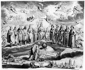 Sobiescianum أو الدعم ، Uranographia ، بقلم يوهانس هيفيليوس (1611-87) ، محفور بواسطة Charles de la Haye ، Pub. عام 1687 بواسطة Andrzej Stech