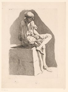 صورة كاريكاتورية لصبي يقوم بخياطة جوربته رسوم كاريكاتورية بعد ج. سالي (عنوان المسلسل) Recueil de caricatures dessinées Par J. Saly et Gravées par A.L. The Lalive D.J. (عنوان المسلسل) بواسطة جاك فرانسوا جوزيف سالي