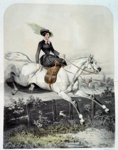 A Young Rider in the Amazon Jumping a Barriere Lithography by Ange Louis Jawe Lange (1815-1872) 19th century Private Collection
