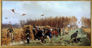 صيد الرماية في pheasanderie الرسم بواسطة Ange-Louis Janet Lange (1815-1872) من القرن التاسع عشر. 1،1x1،9 م. كومبين ، متحف القلعة