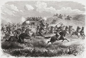 الهنود يهاجمون حطاما عابرا للقارات في عام 1867 ، رسم توضيحي من "العالم في اليدين" ، نقشه تشارلز لابلانت (ت 1903) ، نشر عام 1878