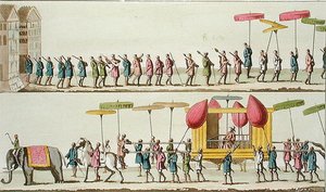 موكب ملك بورما ، رسم توضيحي من "Le Costume Ancien et Moderne" بقلم جوليو فيراريو ، نُشر حوالي 1820s-30s (نقش ملون) بواسطة أنجيلو (بعد) بياسيولي