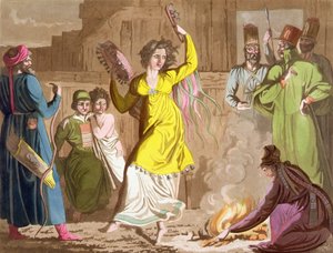 Shamaness of the Teleut people ، منطقة كيميروفو ، سيبيريا ، اللوحة 27 من 'Le Costume Ancien et Moderne' بقلم Jules Ferrario ، تم نشره من 1820s إلى 30s (لون ليثو) بواسطة أنجيلو بياسيولي