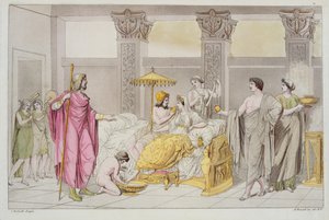 حفل زفاف يوليسيس وبينيلوب ، رسم توضيحي من Le Costume Ancien ou Moderne لجول فيراريو ، منقوش من قبل A. Biasoli ، ميلان 1821 (نقش الألوان)