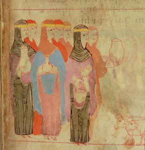 Cott Claud B IV f.76 نساء يرتدين عصابات رأس ذهبية ، من Aelfric Pentateuch ، من سانت أوغسطين ، كانتربري