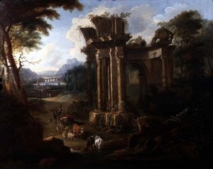 منظر طبيعي كلاسيكي مع راعي يسقي ماشيته ، حوالي عام 1720 (زيت على قماش)