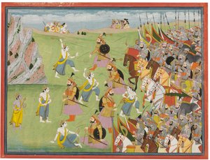 لوحة من Mahabharata: Balabhadra يقاتل Jarasandha ، Kangra أو Garhwal ، c.1810-20