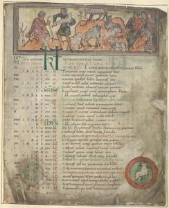 Cotton Tiberius B. V ، الجزء 1 ، f.5 صفحة التقويم لشهر مايو. رعاية الأغنام. راعيان مع قطيعهما ، أحدهما يمسك بعصا وثلاثة تماثيل جالسة. عند الأقدام ، برج الحمل في شكل دائري