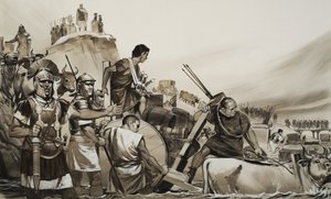 قاد يوليوس قيصر (100-44 ق.م) جنوده عبر نهر روبيكون الصغير وزحف إلى روما (غواش على ورق) بواسطة أنجوس ماكبرايد